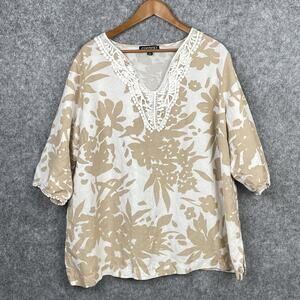 Womens Bohemian Linen Tunic Top Size 3X Floral Crochet Neckline Relaxed Tropical